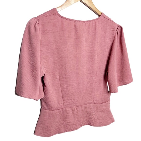 Primark Womens Short Sleeve Wrap Button Dusty Rose Peplum Formal Crop Top Blouse - Picture 13 of 16